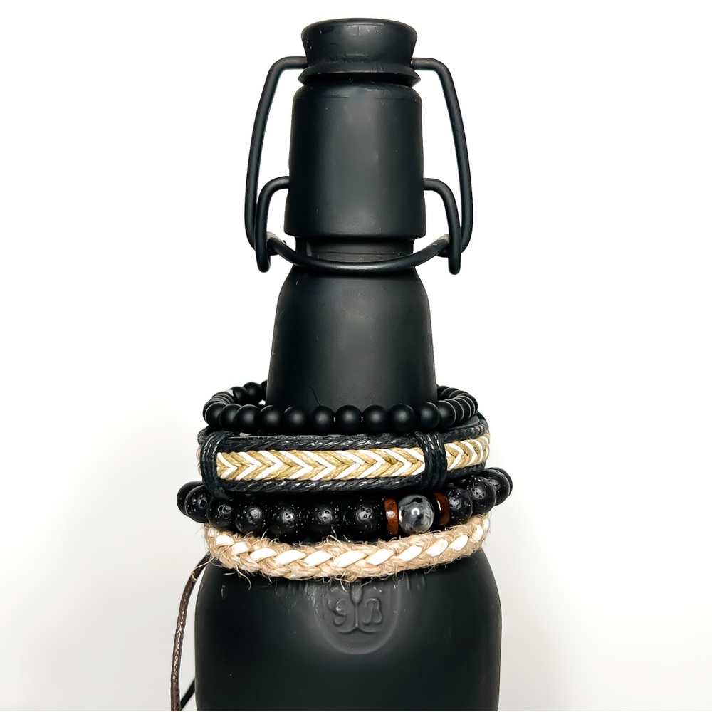 ✯ 4/$15 Men’s 4PC Lava Rock Onyx Olive Cowhide Bracelet Set